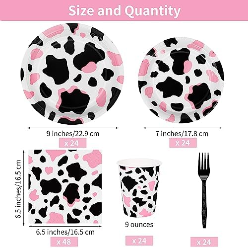 durony 144 Pieces Pink Cow Print Party Tableware Set Including Cowgirl Pink Cow Party Plates Cups Napkins Forks Serves 24 for Baby Shower Farm Cow Party Decorations - Image 2