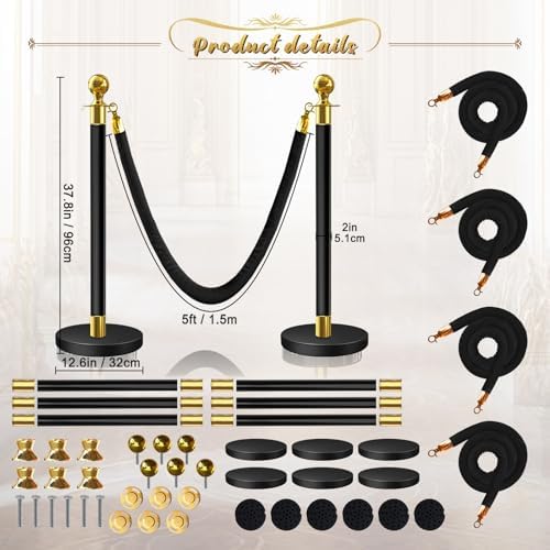 6 Pcs Black & Gold Stanchions with Velvet Ropes with 4 Pcs 5 Ft Black Velvet Ropes Carpet Ropes Posts Stanchion Set for Crowd Control Barriers for Weddings, Events, Hotels, and Party Decor - Image 2