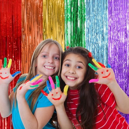 2 Pack Rainbow Party Backdrop Streamers Decorations Colorful Foil Fringe Curtains Metallic Tinsel Backdrop for Birthday First Day of School Engagement Baby Shower Christmas Holiday Party Decor - Image 2
