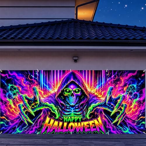 7 x 16 ft Neon Skull Blacklight Halloween Garage Door Decorations Halloween decorations Witch Door Cover, Hanging Banner Cauldron Backdrop Mural for Home - Image 5