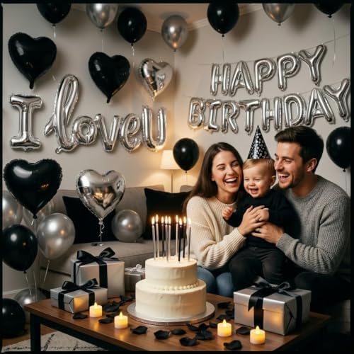 Black Silver Birthday Decorations for Men, Hotel Birthday Decorations for Him with LOVE Balloon, Happy Birthday Balloons, Black Rose Petals, Birthday Room Decor Anniversary Decor - Image 6