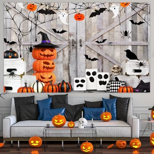 Rustic Halloween Backdrop Vintage Wood Barn Door Pumpkins Lanterns Ghost Bat Skull Background for Halloween Party Decorations Horror Photography Studio Banner Photo Booth Props 8x6ft - Image 3