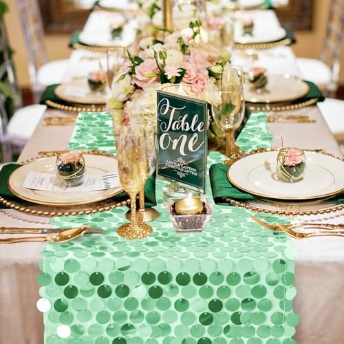 Pufogu 12 x 108 Inch Sequin Table Runner,Mint Green Glitter Premium Big Sequin Table Runner, Rectangle Table Runners for Halloween, Christmas, Wedding Party, Birthday Party, Banquet Decor (1 Pack). - Image 2
