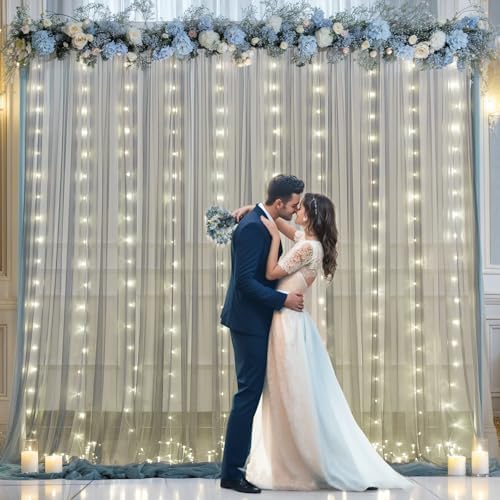 Silver Grey Tulle Backdrop Curtain with Lights String for Parites 10x8ft Sheer Backdrop Curtains for Birthday Party Bridal Shower Baby Shower Wedding Ceremony Prom Photo Booth Background Decorations - Image 6
