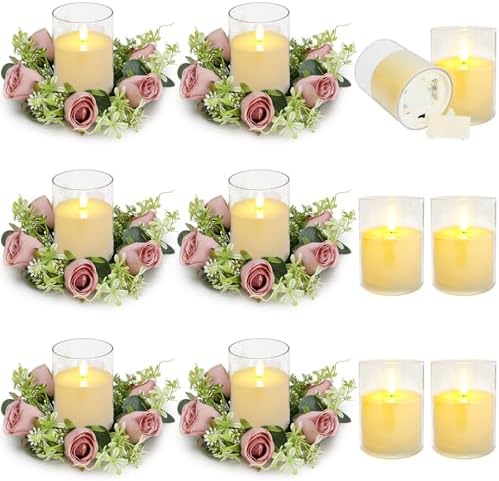 12 PCS Roses Candle Rings Wreaths with LED Candles - Dusty Pink by TOBILU