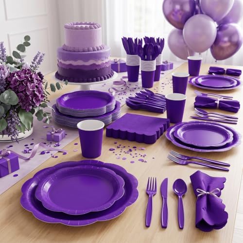 Deep Purple Party Dinnerware Set, 175 Pcs Disposable Decagonal Paper Plates, Cups, Napkins and Plastic Cutlery, Serves 25 for Halloween, Birthday and Wedding Parties - Image 5