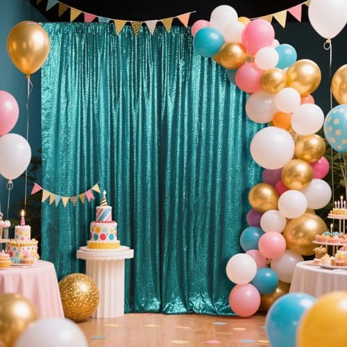 SquarePie 7x7ft Teal Sequin Backdrop, High Density Non-Transparent Glitter Curtain for Photography, Birthday, Wedding Party Decorations, Thick Solid Background with 4" Rod Pocket, 1 Panel - Image 2