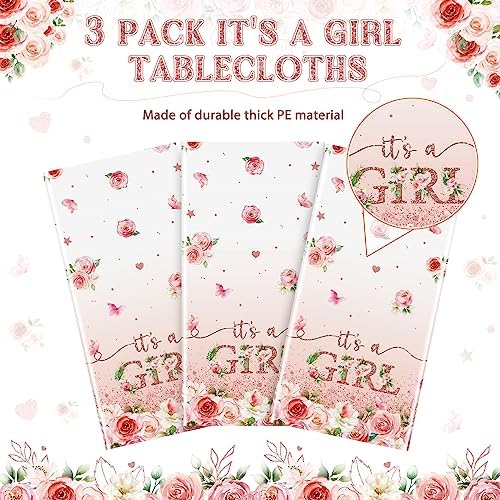 3 Pack Floral Baby Shower Tablecloth Decorations, It's a Girl Baby Shower Decorations, Pink Flower Gender Reveal Decorations for Girl, Plastic Disposable Baby Girls Table Cloth Party Decorations - Image 4