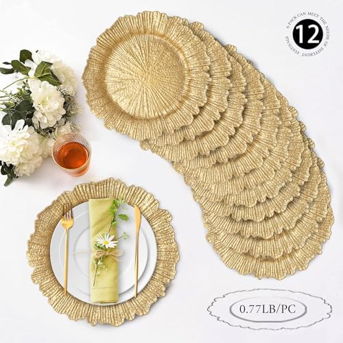 MAONAME Gold Charger Plates Set of 12, Reef Plate Chargers for Dinner Plate, Round Plastic Table Chargers for Thanksgiving, Christmas - Image 3