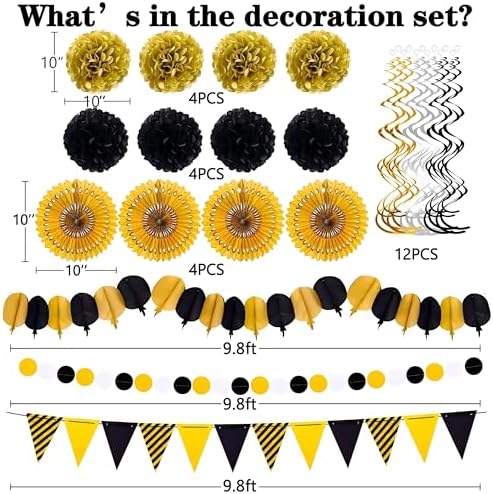 Moon Boat 35PCS Party Decorations Paper Fan Hanging Set - Birthday,Graduation,Baby Shower,Wedding,Retirement,Black and Gold Decor（Black） - Image 4