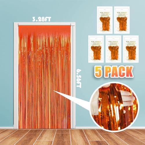 5 Pack 3.28ft x 6.56ft Orange Metallic Tinsel Foil Fringe Curtains, Photo Booth Backdrop Party Decorations for Birthday Wedding Baby Shower Graduation Bachelorette New Years - Image 2