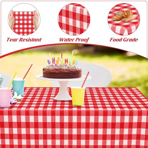 12Pack 54" x 108" Table Cloth Rectangle Table, Waterproof Plastic Table Cloth Ddisposable, Red and White Checkered Tablecloth Table Cover for Outdoor Picnic Birthday Party Gathering BBQ Holiday Dinner - Image 3