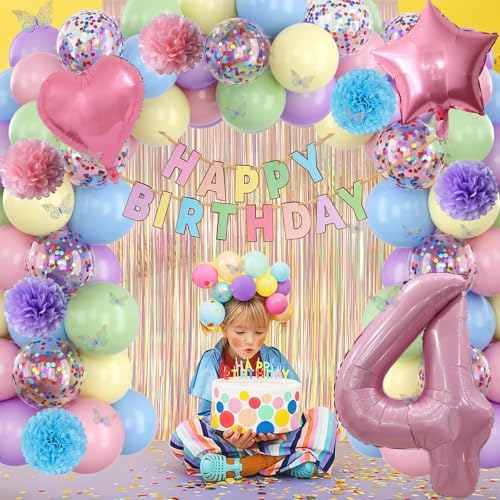 Pastel 4th Birthday Colorful Party Decorations Girls Pink Number 4 Balloon - Image 5