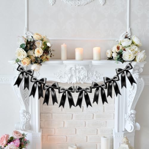 1 String of 8PCS Black Bow Garland Banner Decoration,Pre-Strung Satin Ribbon Ornaments for Birthday,Bachelorette Party,Bridal Shower,Wedding,Engagement,Baby Shower,Graduation Decor,Anniversary by Unknown