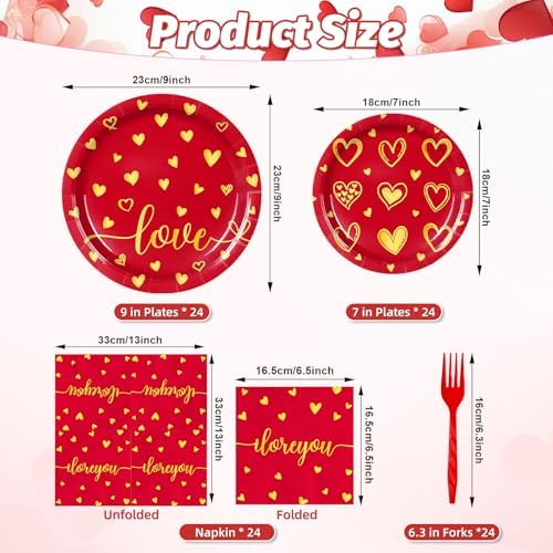 96 Pieces Valentine’s Day Love Tableware Set – Red and Gold Heart Disposable Plates, Napkins, and Forks for Romantic Dinners, Wedding, Anniversaries, and Valentine Celebrations – Serves 24 Guests - Image 2
