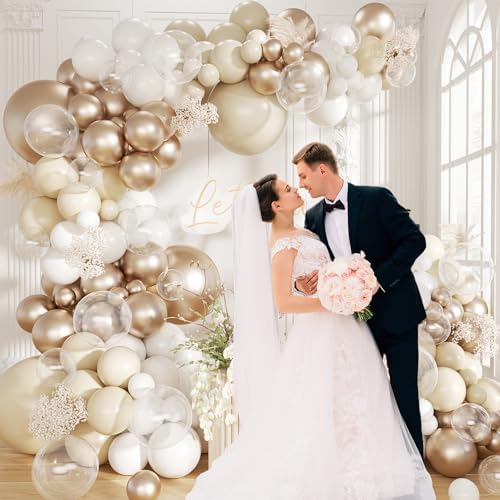 White Sand Metallic Champagne Gold Balloons Garland Arch Kit,152PCS White Neutral Balloons with Clear Balloons for Birthday Wedding Baby Shower Bridal Shower Engagement Anniversary Decoration - Image 6