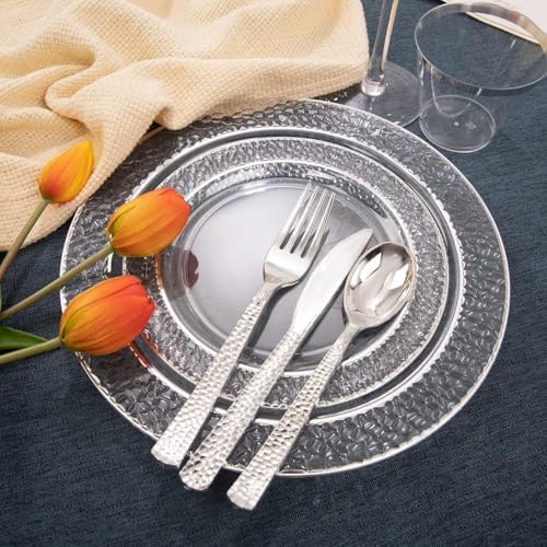 Ciaell 150PCS Clear Silver Plastic Plates - Silver Disposable Plates include 25Dinner Plate, 25Dessert Plate, 25Forks, 25Knives, 25Spoons, 25Cups for Weddings & Parties - Image 2