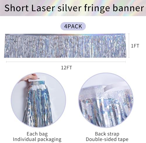 Laser Silver Streamers Party Decorations 4Pack 48FT Table Skirt Tinsel Garland Metallic Parade Float Decorations Ceiling Backdrop Curtain for Wedding Birthday Party Decoration Halloween Christmas - Image 6