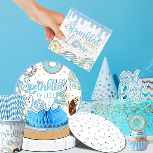 Baby Sprinkle Decorations for Boy,Blue Sprinkled with Love Party Plate,Napkin,Cup,Cake Topper Donut Baby Shower Decorations for Baby Boy Sprinkle Party Supplies Serves 24 - Image 4