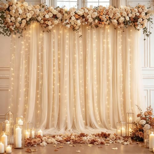 10ft x 8ft Champagne Backdrop Curtain with Lights String for Parties, Sheer Tulle Wedding Photo Backdrops Drapes for Baby Shower Birthday Party Decorations Background for Photography - Image 3