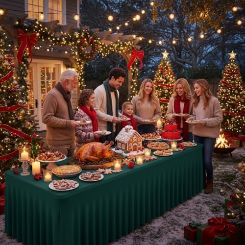 2 Pack Spandex Table Skirts 8ft,Hunter Green for Christmas Decor - Image 2