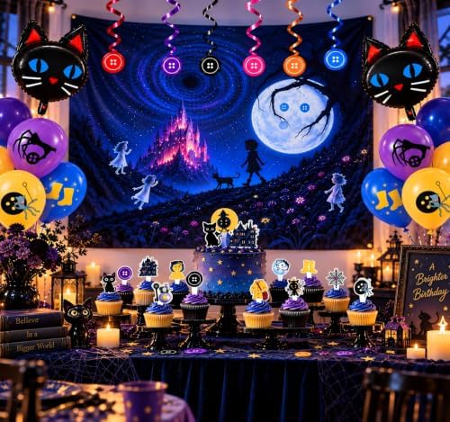 Black Cat Birthday Party Decorations Kit, Backdrop Banner, 2PCS Cat Foil Balloons, 18PCS Latex Balloons, 24PCS Cupcake Toppers, 6PCS Hanging Swirls Set, Halloween Party Supplies for Kids Girls - Image 4