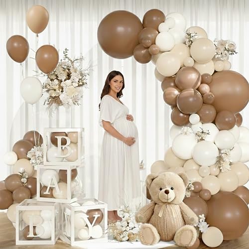 140Pcs Coffee Brown Baby Shower Decorations - Neutral Balloon Arch Garland Kit with 4 Baby Boxes - Mocha Beige Sand Nude Balloons for Teddy Bear Theme, A Baby Is Brewing, Gender Reveal Party - Image 6