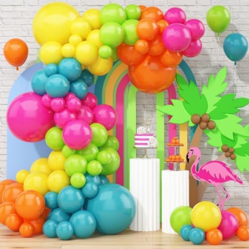 141 Pcs Rainbow Neon Balloon Arch Kit, Hot Pink Lime Green Orange Slate Blue Yellow End of Summer Tropical Balloon Garland for Hawaiian Luau Aloha Birthday Pool Back to School Party Decorations by Togvu