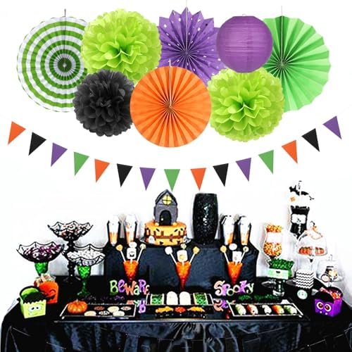 Black Purple Orange-Green Halloween Party-Decorations - 20pcs Paper Lanterns Fans,Tissue Pom Poms,Honeycomb Balls,Hotel Transylvania Hocus Pocus Birthday Baby Bridal Shower Wedding Decor Burgleda - Image 5
