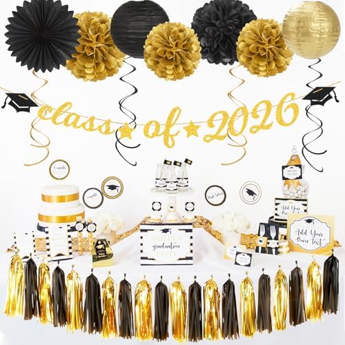 Black Gold Graduation Party-Decorations Garland - 36pcs Congrats Grad Class 2026 Banner,Hat Hanging Streamers,College High School Congratulations Master Celebration Classroom Backdrop Decor Burgleda - Image 4