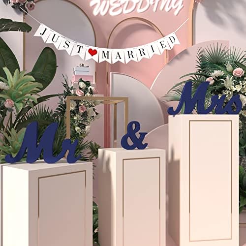 VIOPVERY Wooden Mr & Mrs Wedding Sign with Just Married Banner,Blue - Image 4