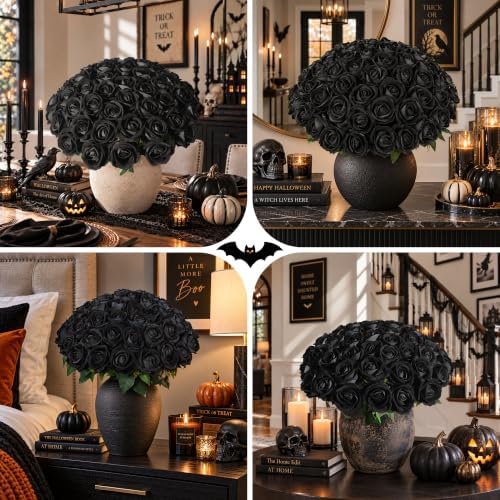 50 PCS Black Roses Artificial Flowers, Fake Roses with Stem Realistic Silk Roses for Halloween DIY Wedding Bouquets Table Centerpieces Arrangements Baby Shower Party Birthday Home Decor Gift for Her - Image 6
