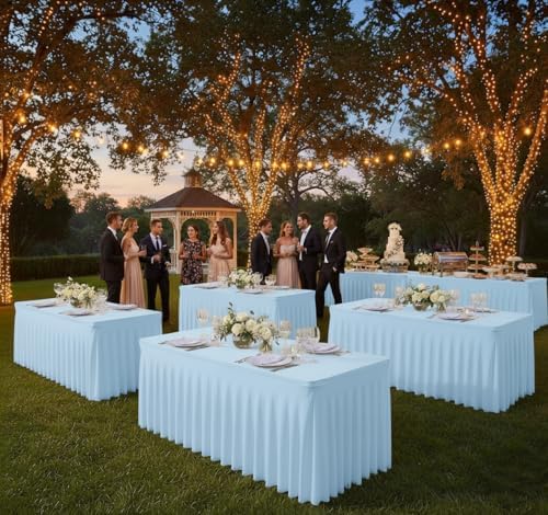 4 Pack Baby Blue Spandex Table Covers 6ft Rectangle Ruffle Skirts for Party - Image 3
