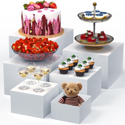 6 PCS Buffet Risers, Large Food Risers for Buffet Table, Display Stand Shelf for Party, Catering, Jewelry & Collectibles, White Acrylic Nesting Boxes for Food Display (10" 9" 8" 7" 6" 5") by Unknown