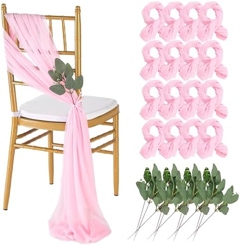 QueenDream Pink Chair Sashes Wedding: 16 Pieces Long Sheer Wedding Aisle Chair Decorations Tulle Chairs Covers with Artificial Eucalyptus by QueenDream