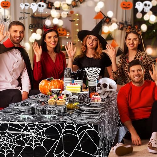 Funnymoom 452 Pcs Halloween Spiderweb Party Supplies Tableware for 50 Guests Include 7&9 Inch Black Spider Web Paper Plates Napkins Cups Tablecloth Cutlery Straws for Spiderweb Birthday Party Decor - Image 4