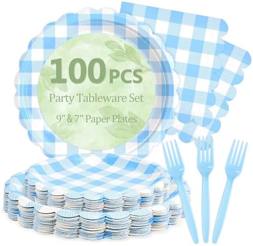 100 Light Blue Gingham Paper Plates and Napkins Disposable Set for Party by Mulbozy