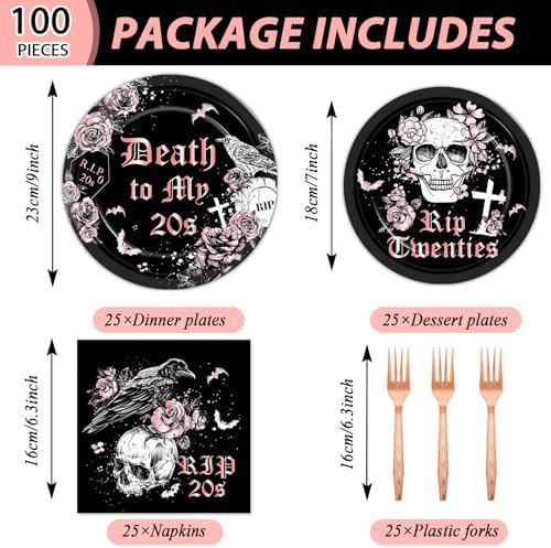 Qyeahkj 100 Pcs 30th Birthday Party Supplies Death to My 20s Paper Plates and Napkins Set Disposable Black Rose Gold Rip to My 20s Tableware Decorations for Women Funeral Youth Party Serve 25 Guests - Image 2