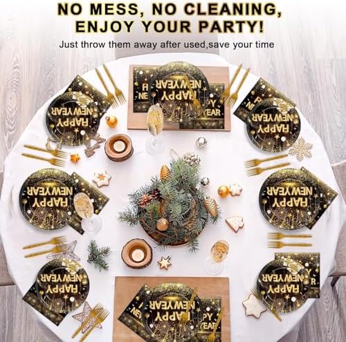 Qyeahkj 200 Pcs Happy New Years Plates and Napkins Party Supplies Black and Gold 2026 New Year's Eve Disposable Tableware Set with Paper Plates Napkins for NYE Party Celebration Decoration Serves 50 - Image 5