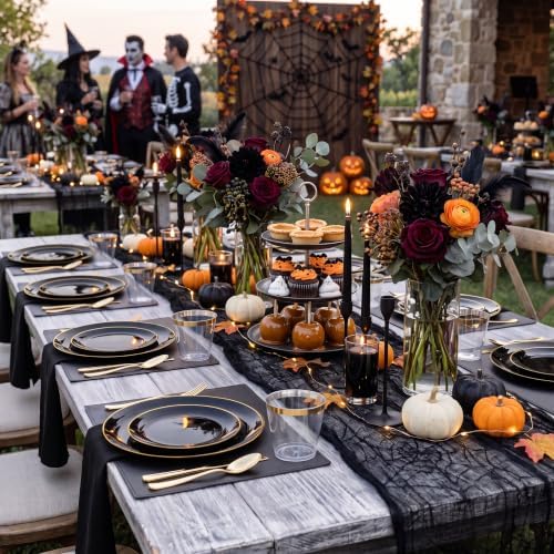 KIRE 60PCS Black Plastic Plates - Black Disposable Plates with Gold Rim - Include 30Pcs 10.25inch for Dinner and 30Pcs 7.5inch for Dessert for Wedding/Graduation/Party/Halloween/New Year - Image 2