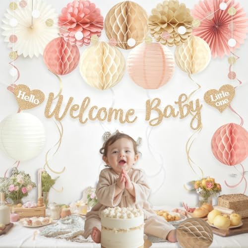 Boho Blush Pink Girl Baby Shower Decorations with Welcome Baby Banner - Image 2