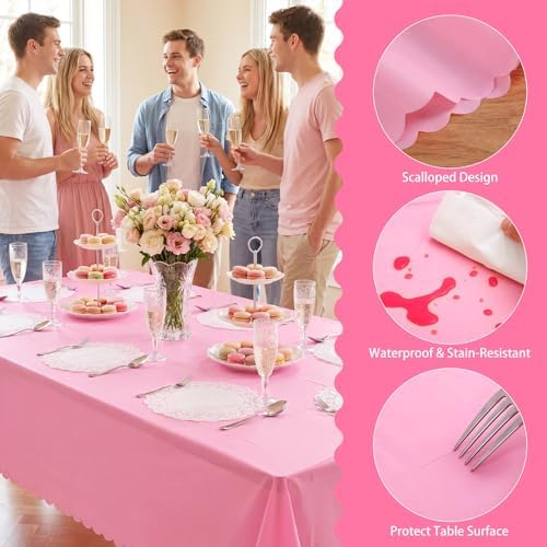 NatNarr 3 Pcs Plastic Pink Tablecloths, Scalloped Rectangle Table Cloths - Image 3
