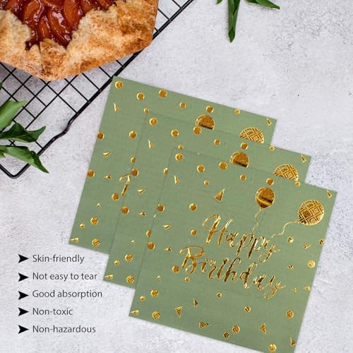 50PCS Happy Birthday Paper Plates and Napkins Set - 7 Inch Sage Green and Gold Birthday Cake Plates Scalloped Dessert Plate Disposable Tableware for Birthday's Party Supplies Decorations - Image 5
