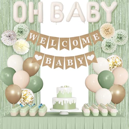 Ouddy Party Sage Green Neutral Baby Shower Decorations with Fringe Curtain - Image 2