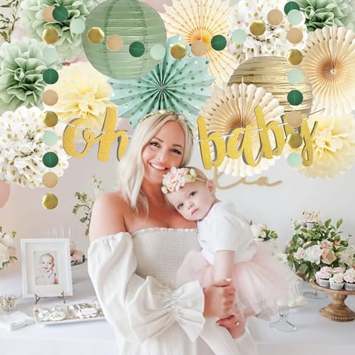 Sage Green Baby Shower Decorations Oh Baby Banner Tissue Paper Pom Poms Flowers Paper Fans Circle Dot Garland Neutral Party Supplies Boy Girl Gender Reveal Birthday Party Decorations - Image 2