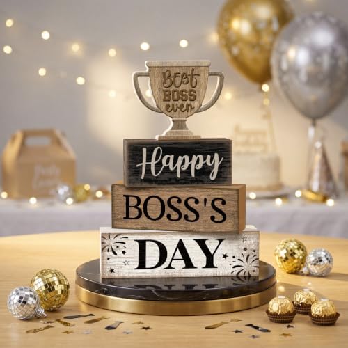 Moucuny 4 Pcs Boss Day Table Decorations Rustic Trophy Wooden Blocks Decor - Image 2