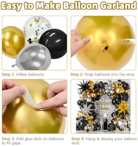 137Pcs Black Gold and Silver Balloons Garland Arch Kit with Stars - 5 10 12 18 inch Black Gold Silver Latex Party Balloons for New Year Birthday 2026 Graduation Retirement Party Decoration - Image 5