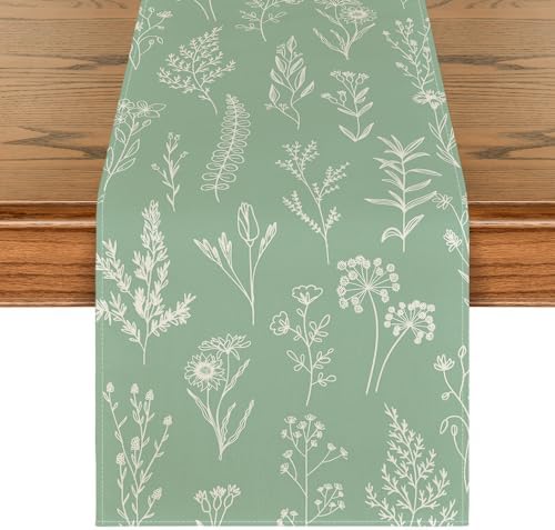 Artoid Mode Sage Green Leaves Flowers Spring Table Runner, Seasonal Kitchen Dining Table Decoration for Home Party Decor 13x90 Inch by ArtoidMode