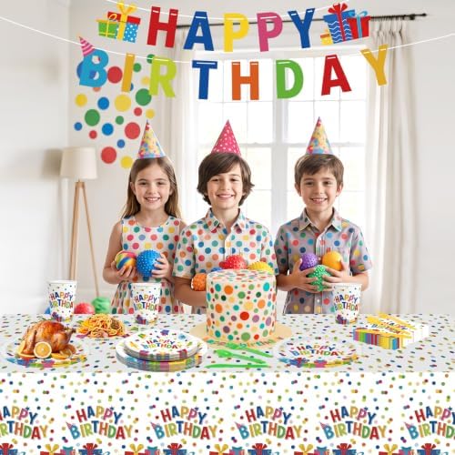 170 Pcs Happy Birthday Decorations - Colorful Polka Dots Birthday Party Plates and Napkins Banner Cups Tablecloth Forks Tableware for Birthday Party Decor Supplies Favors, Serves 24 - Image 6