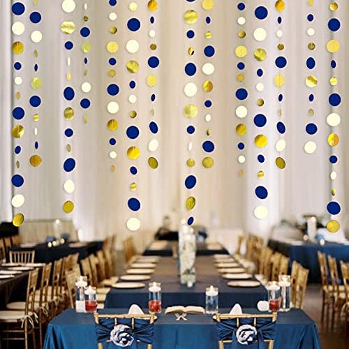 Navy Blue and Gold Circle Dots Garland Royal Blue Hanging Paper Polka Dot Streamer for Birthday Wedding Bridal Shower Graduations Nautical Ahoy Achor Pirate Themed Party Decorations Supplies - Image 3